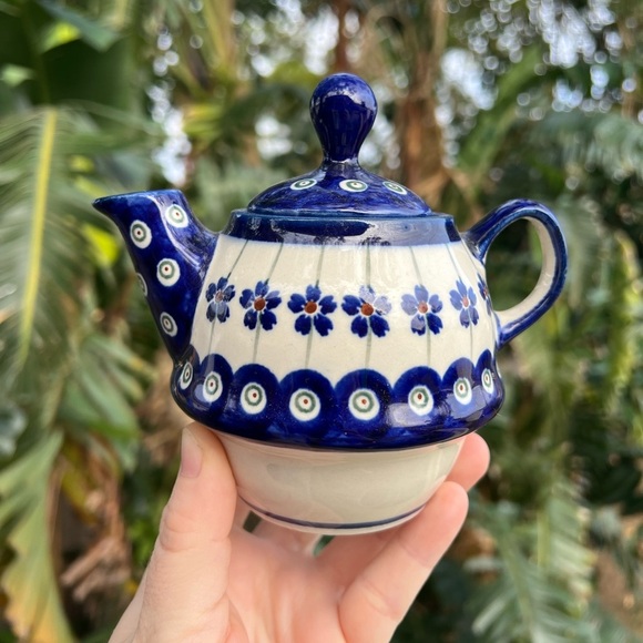 Polish Pottery Mini Teapot - Bolesławiec, Hand-Painted Blue Floral, 3” - Picture 5 of 9